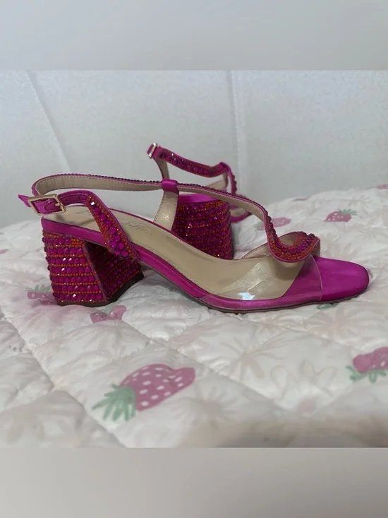 Betsey Johnson Hot Pink Crystal-Embellished Slingback Block Heels - Picture 3 of 6